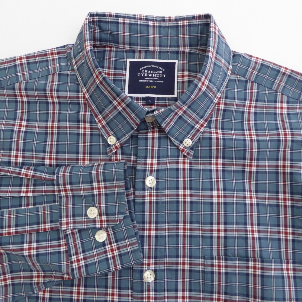 Charles Tyrwhitt Mens Button Down Dress Shirt Teal Blue Red Plaid Large Slim